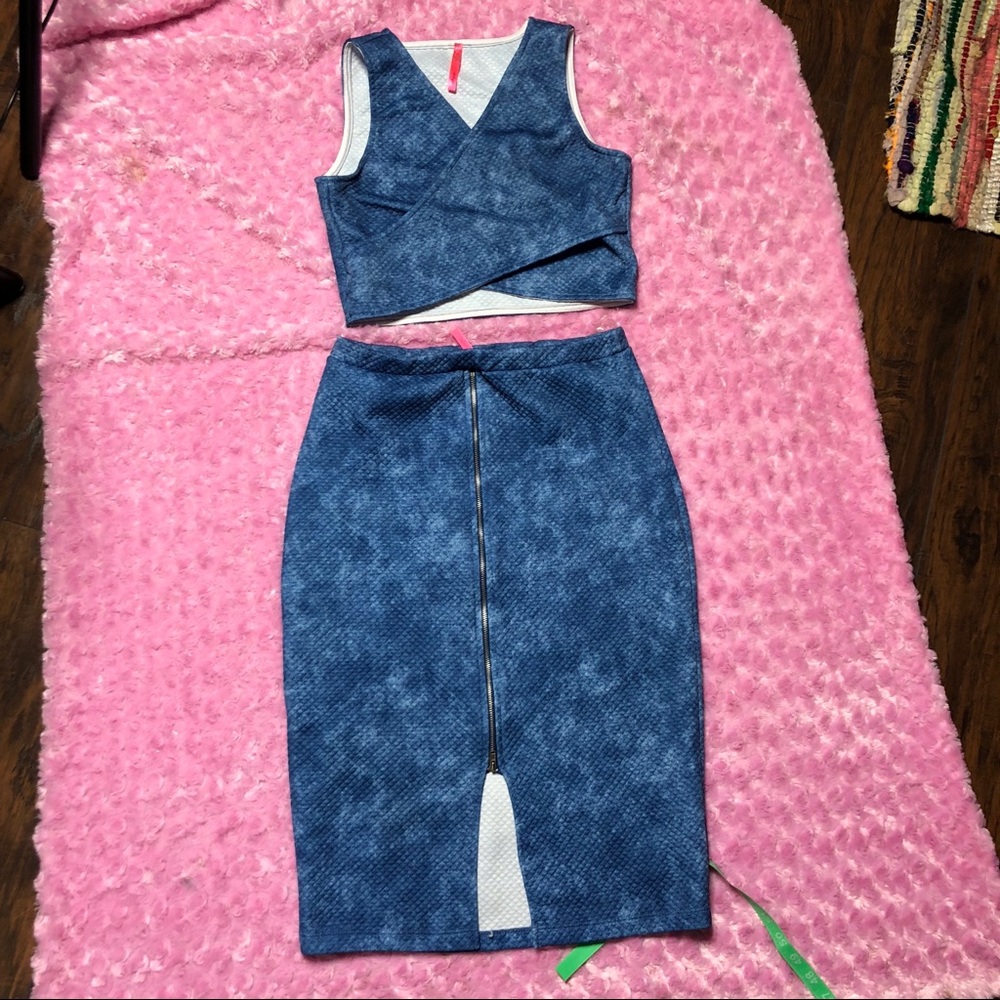 Quilted denim 2 piece matching set crop top skirt